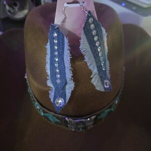 Blue Denim Fringe Earrings With Rhinestone Accent Hand Crafted
